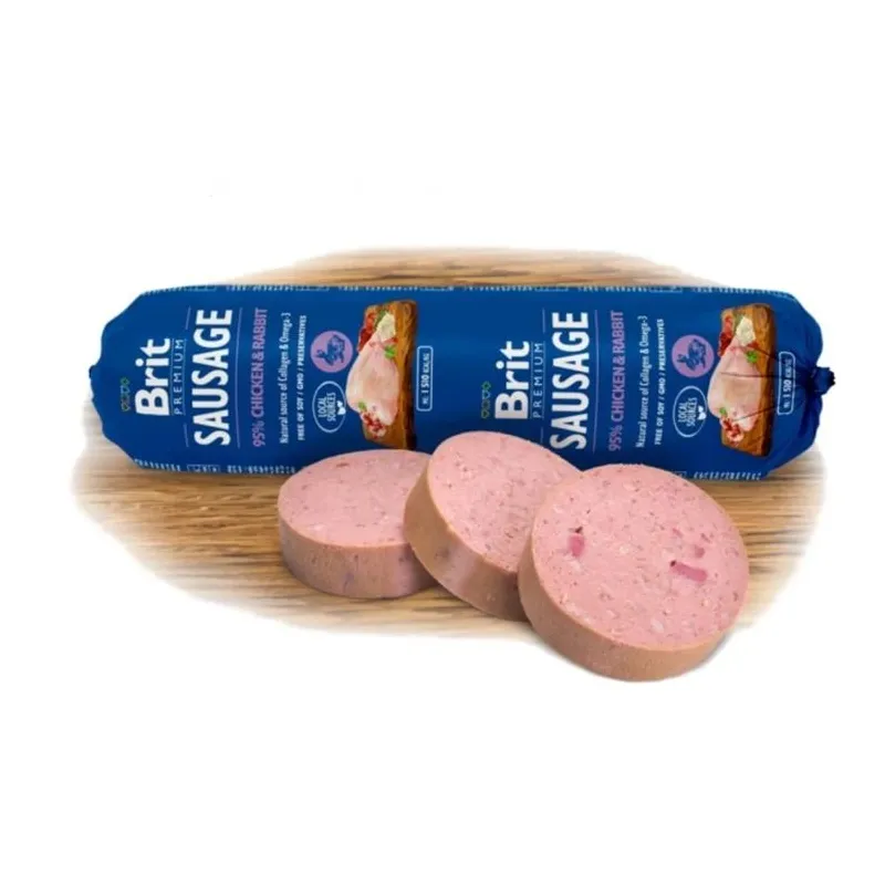 Mitrā barība ,konservi, suņiem Brit Premium Chicken & Rabbit Sausage, truša gaļa-vistas gaļa, 0.8 kg