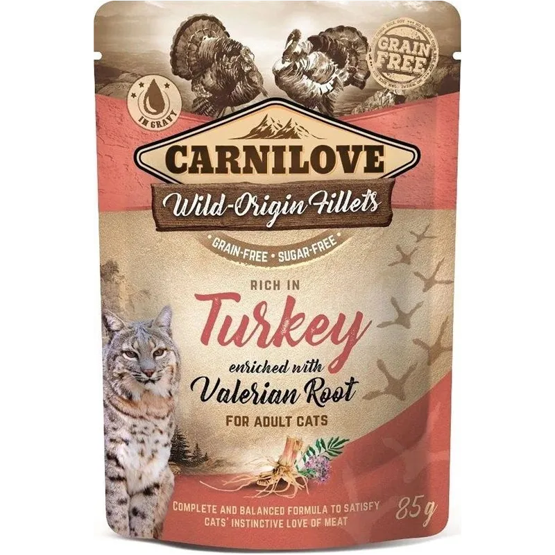 Mitrā kaķu barība Carnilove Cat Pouch Turkey Valeriana, vistas gaļa-tītara gaļa, 0.085 kg