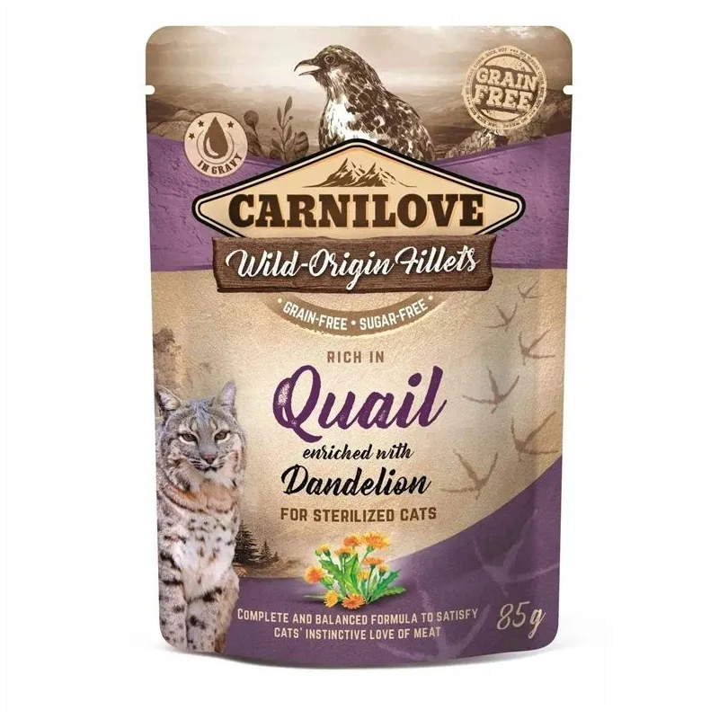 Mitrā kaķu barība Carnilove Cat Pouch Quail Dandelion For Sterilized, paipala, 0.085 kg