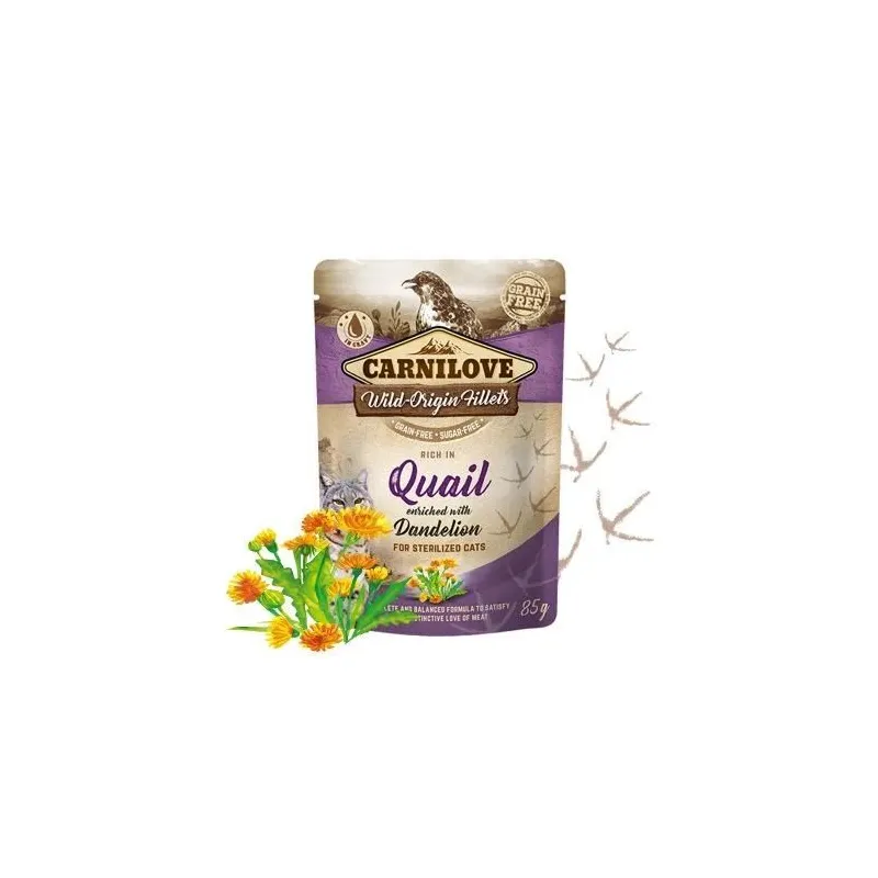 Mitrā kaķu barība Carnilove Cat Pouch Quail Dandelion For Sterilized, paipala, 0.085 kg