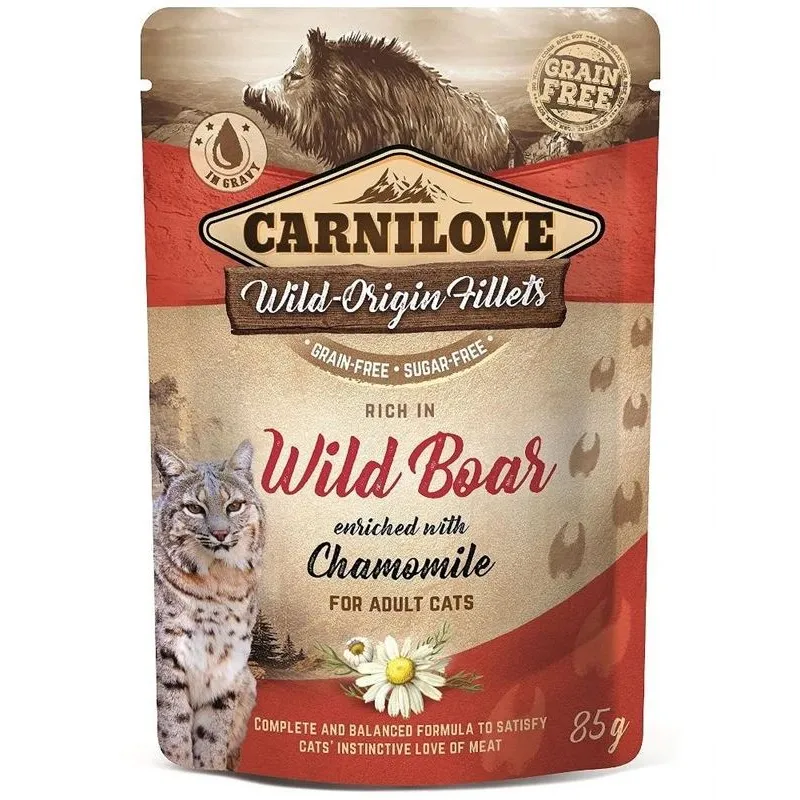 Mitrā kaķu barība Carnilove Cat Pouch Wild Boar Chamomile, vistas gaļa-meža cūkas gaļa, 0.085 kg