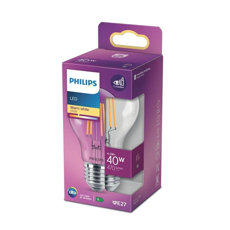 LED spuldze PHILIPS. A60. E27. 4.3 W. 470 lm. 2700 K