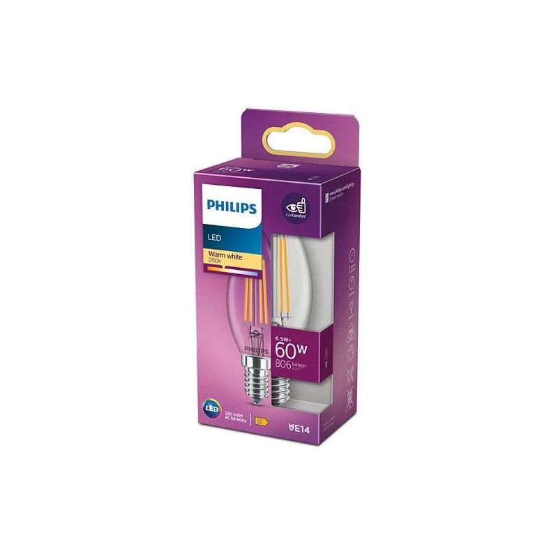 Spuldze Philips LED. B35. 2700 °K. E14. 6.5 W. 806 lm