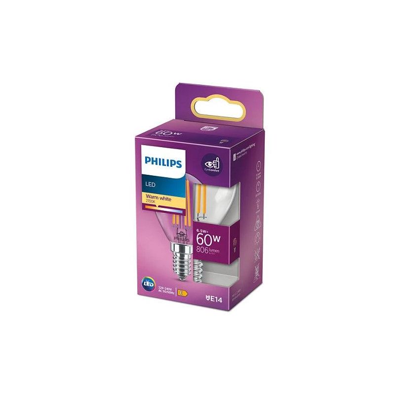 Spuldze Philips LED. P45. 2700 °K. E14. 6.5 W. 806 lm