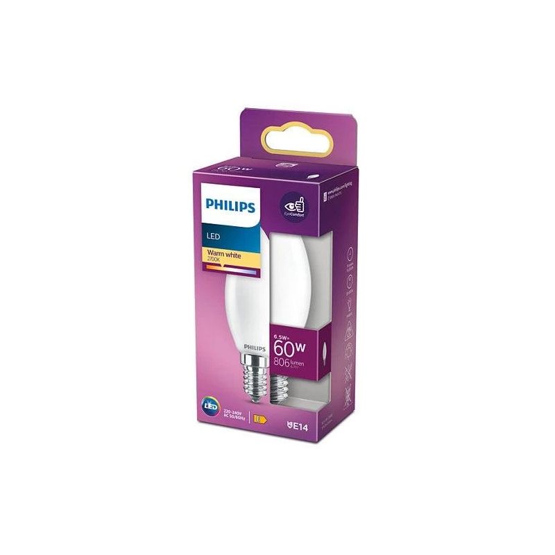 Spuldze Philips LED. B35. 2700 °K. E14. 6.5 W. 806 lm
