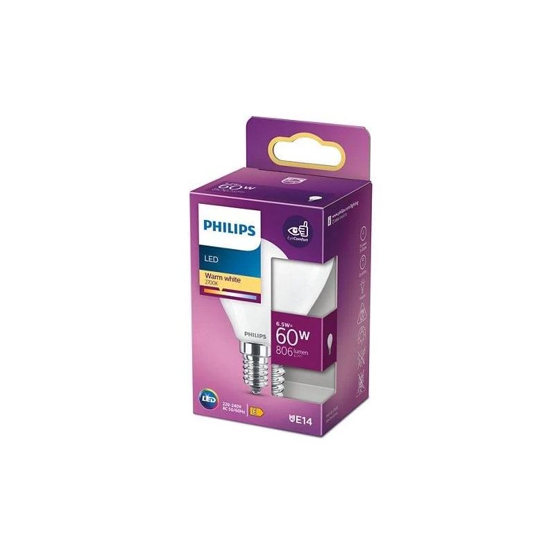 Spuldze Philips LED. P45. 2700 °K. E14. 6.5 W. 806 lm