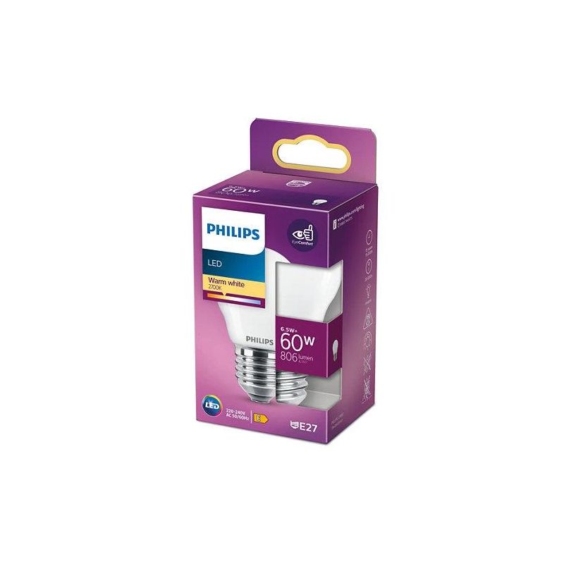 Spuldze Philips LED. P45. 2700 °K. E27. 6.5 W. 806 lm