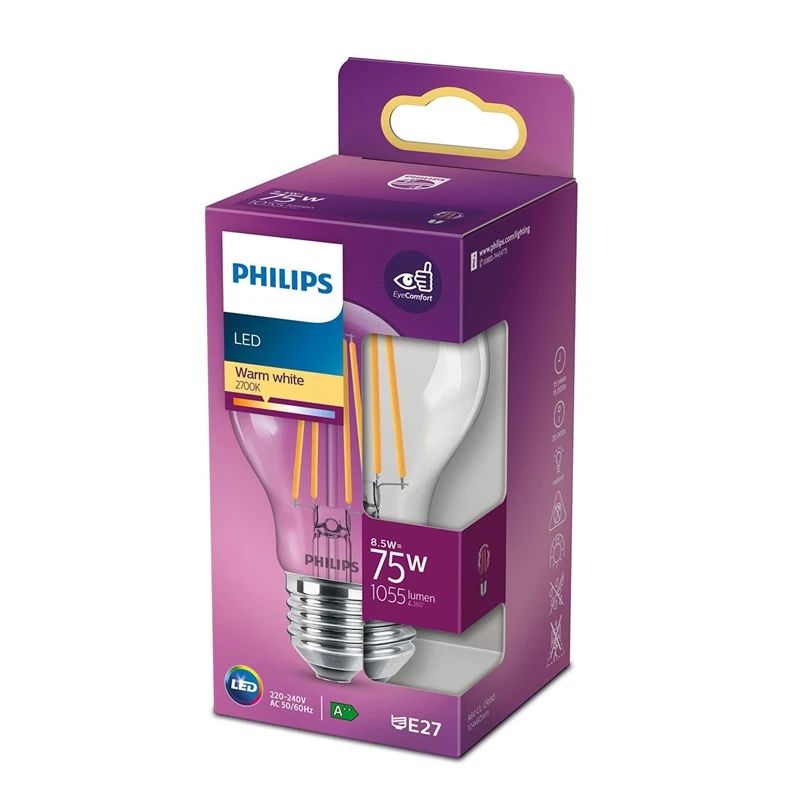 Spuldze Philips LED. A60. silti balta. E27. 8.5 W. 1055 lm