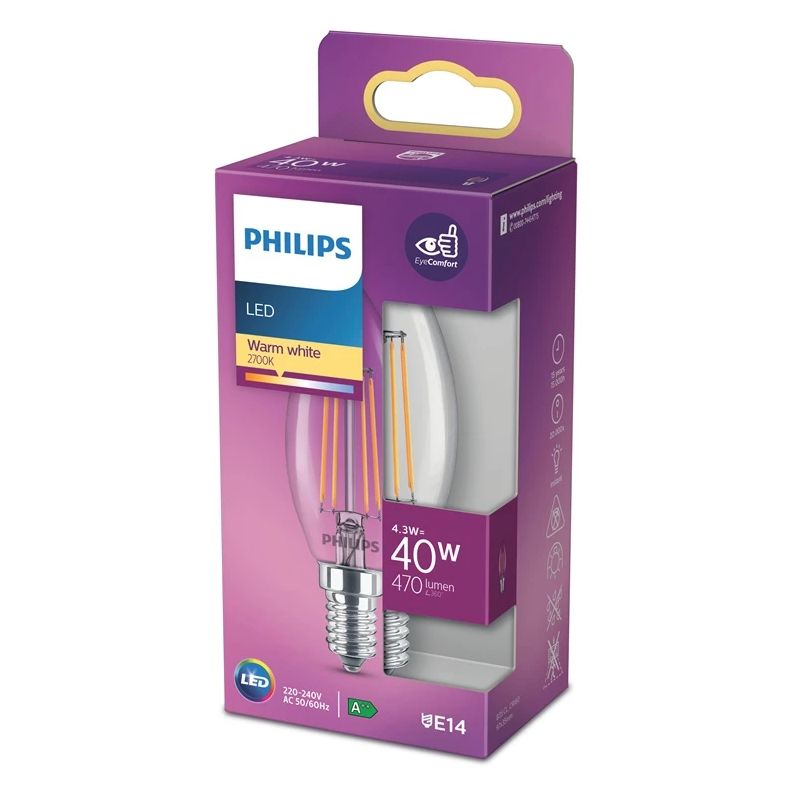 LED spuldze Philips Fil. B35. 4.3W. E14. 2700K. 470lm. caurspīdīga