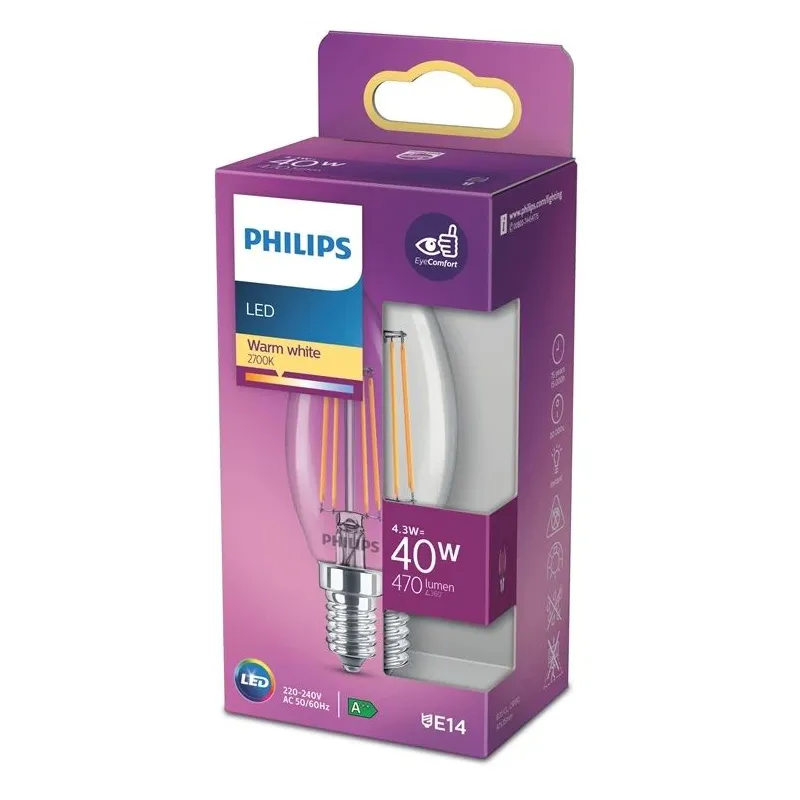 Lambipirn Philips LED, B35, 2700 °K, E14, 4.3 W, 470 lm