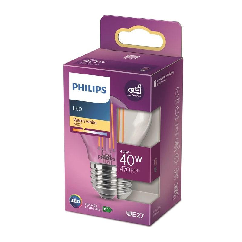 LED spuldze PHILIPS. P45. E27. 4.3 W. 470 lm. 2700 K