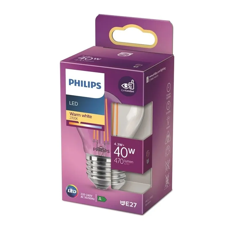 Spuldze Philips LED, P45, 2700 °K, E27, 4.3 W, 470 lm