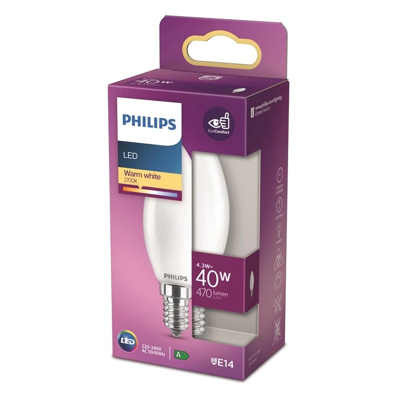 LED spuldze Philips B35, 4.3W, E14, 2700K, 470lm, matēta