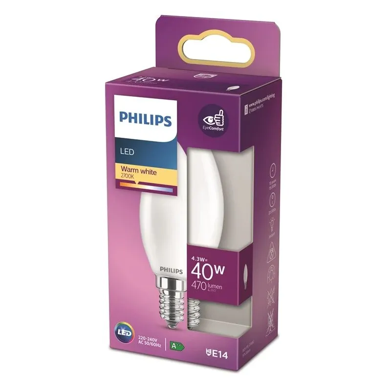 Spuldze Philips LED, B35, 2700 °K, E14, 4.3 W, 470 lm
