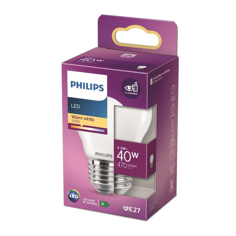 LED spuldze PHILIPS. P45. E27. 4.3 W. 470 lm. 2700 K