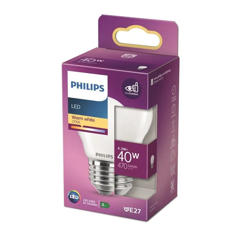 Spuldze Philips LED, P45, 2700 °K, E27, 4.3 W, 470 lm