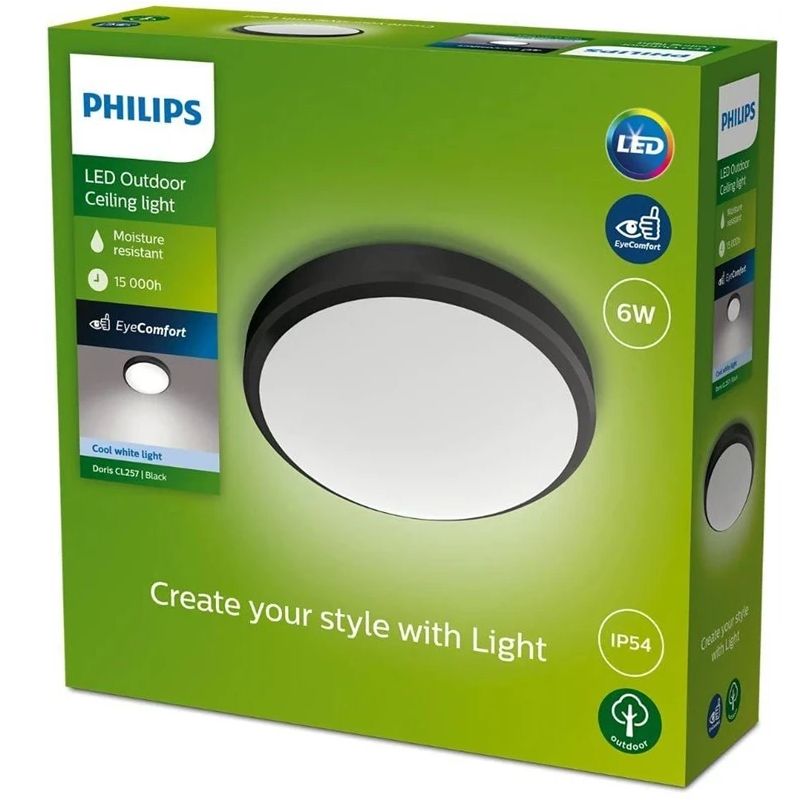 Lampa Philips Doris 929003190901. 6W. LED. IP54. melna