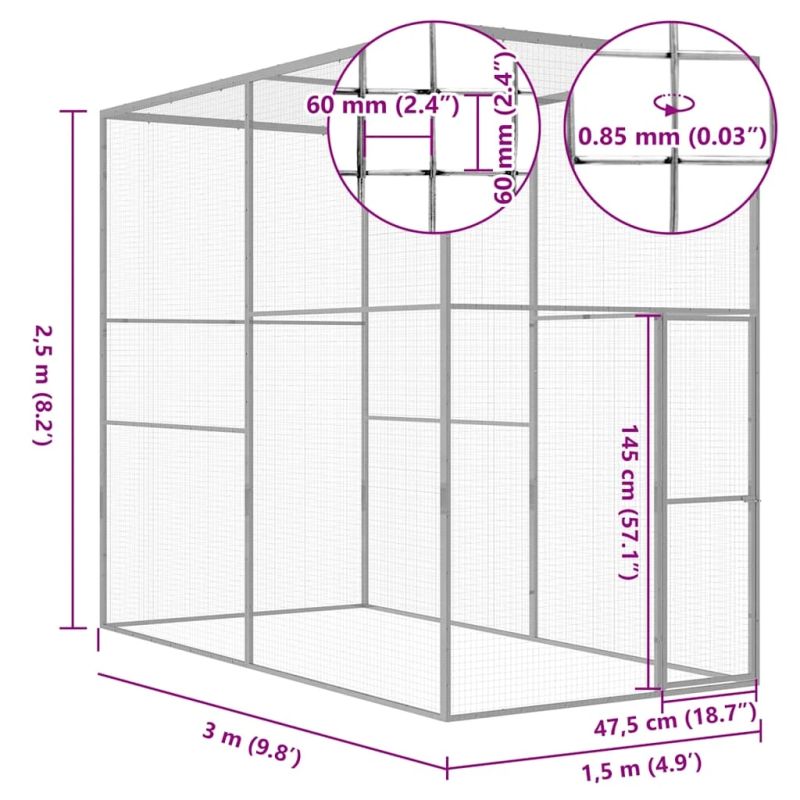 vidaXL kaķu būris, 3x1,5x2,5 m, cinkots tērauds