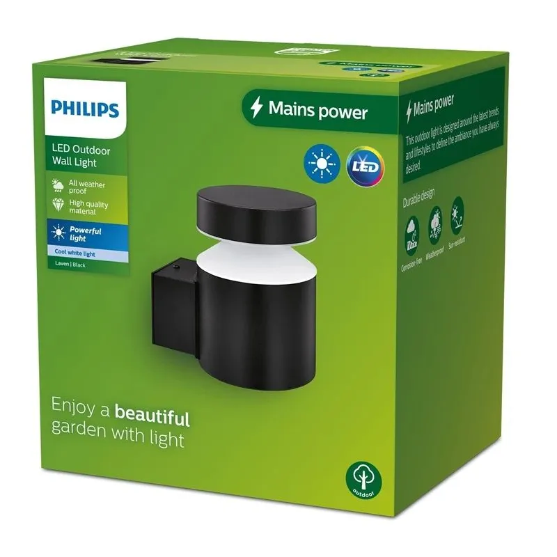 Āra sienas lampa Philips Laven, 6W, LED, IP44, melna krās., 14 cm x 13.5 cm