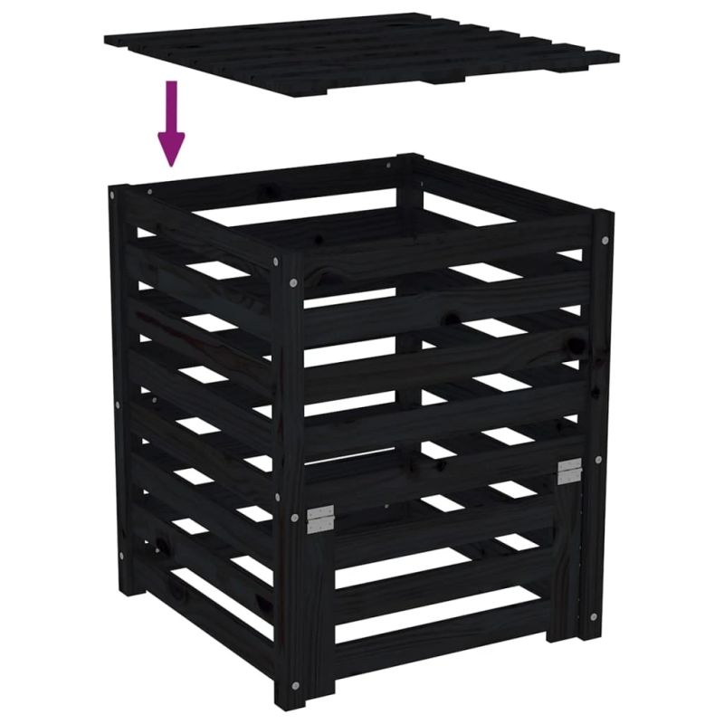 vidaXL komposta kaste, melna, 63,5x63,5x77,5 cm, priedes masīvkoks