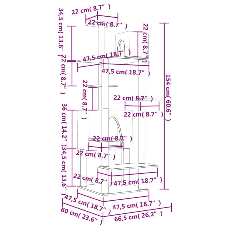 vidaXL kaķu māja ar sizala stabiem nagu asināšanai, 154 cm, pelēka