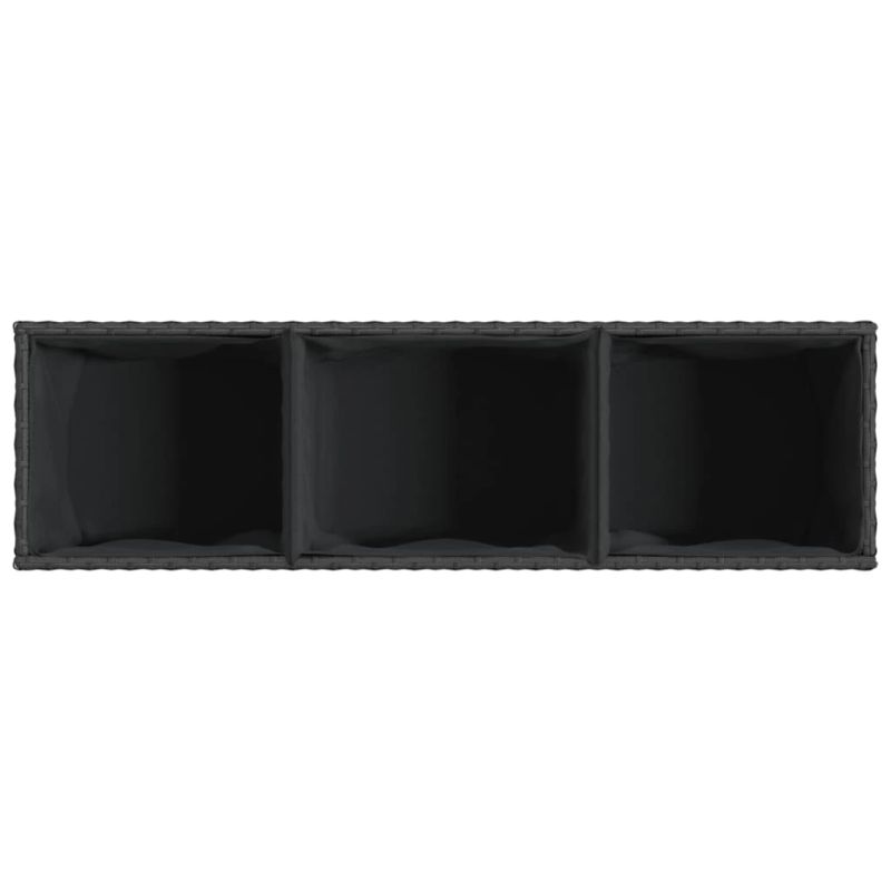 vidaXL dārza puķu kaste ar riteņiem, 3 podi, 107x32x38 cm, melns PE