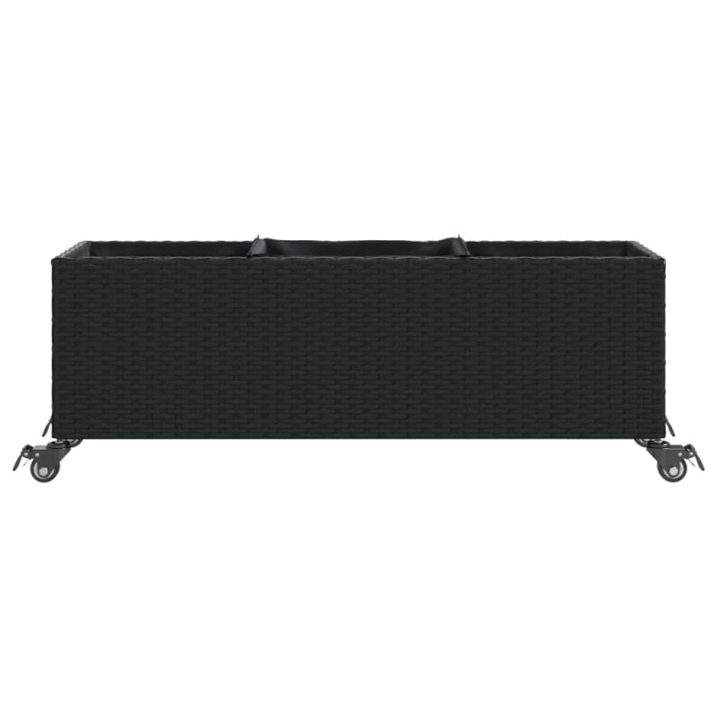 vidaXL dārza puķu kaste ar riteņiem, 3 podi, 107x32x38 cm, melns PE