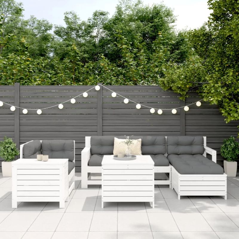 vidaXL 7-daļīgs dārza dīvānu komplekts, priedes masīvkoks, balts