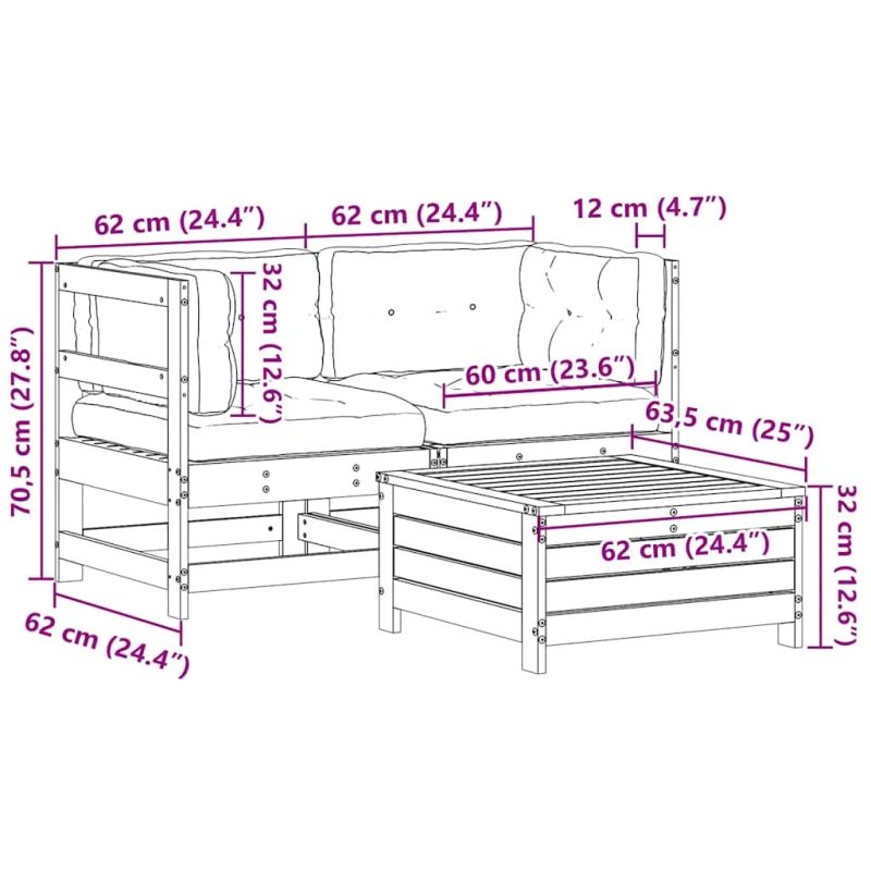vidaXL 3-daļīgs dārza atpūtas mēbeļu komplekts ar matračiem, priede