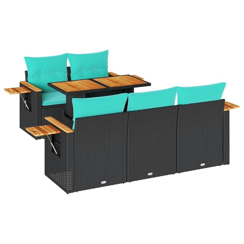 vidaXL 6-daļīgs dārza dīvāna komplekts, matrači, melna PE rotanpalma