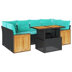 vidaXL 7-daļīgs dārza dīvāna komplekts, matrači, melna PE rotangpalma