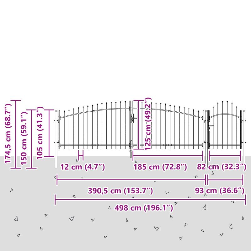 vidaXL Dārza vārti ar slēdzeni Pelēka 125 x 500 cm Tērauds