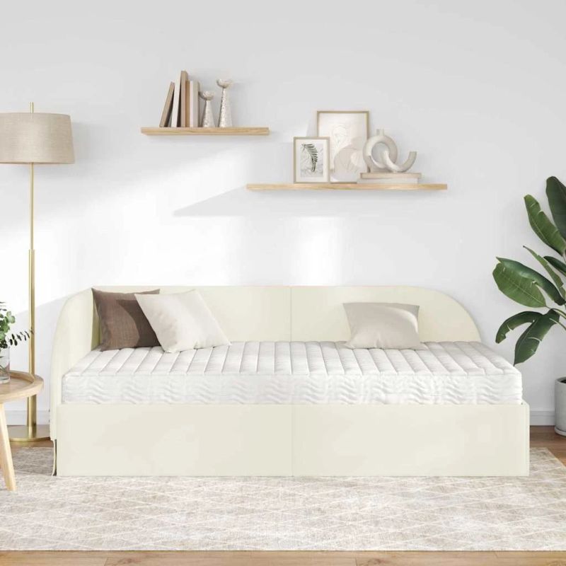 vidaXL Stūra gultas rāmis ar matrači 2 pcs Krēmkrāsa Samts