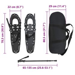 vidaXL 3 in 1 sniega kurpes ar pārgājienu nūjām Melna 30 collas