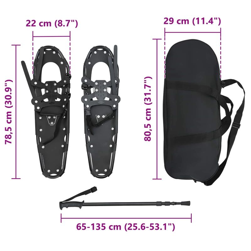 vidaXL 3 in 1 sniega kurpes ar pārgājienu nūjām Melna 30 collas