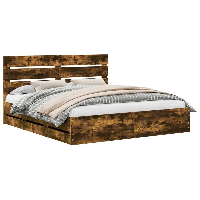 vidaXL Gultas rāmis Dūmaka ozols 200 x 200 cm Inženieru koks