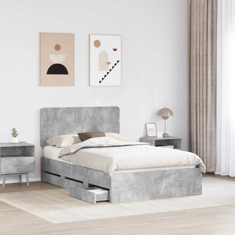 vidaXL Gultas rāmis Betona pelēks 135 x 190 cm Inženieru koks