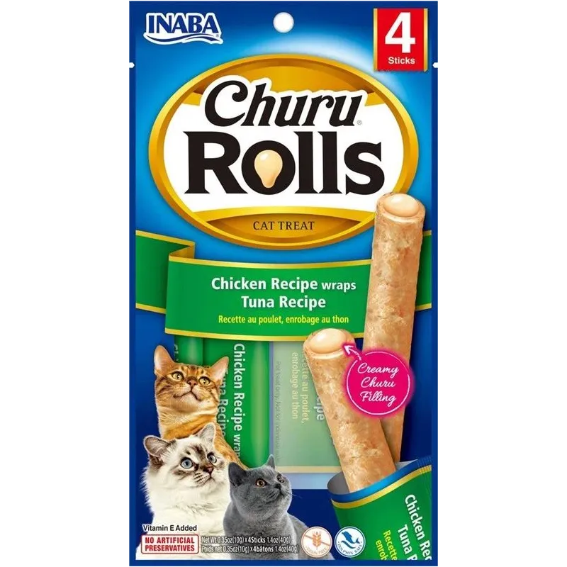 Kārumi kaķiem Inaba Churu Rolls Chicken & Tuna, vistas gaļa-tunzivis, 0.04 kg, 4 gab.
