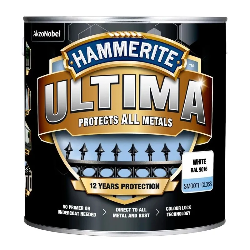 Emaliniai dažai, metalo konkstrukcijoms, apsaugant nuo korozijos Hammerite Ultima Smooth, blizgus, 2.2 l, balta sp.