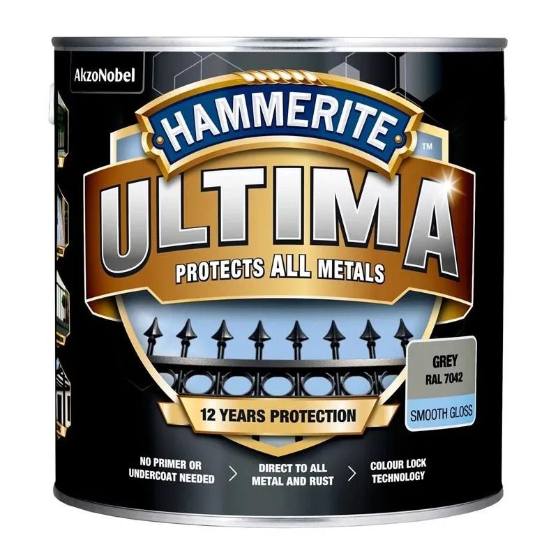 Emaljas krāsa, aizsargā metāla konstrukcijas pret koroziju Hammerite Ultima Smooth, spīdīga, 2.2 l, pelēks krās.