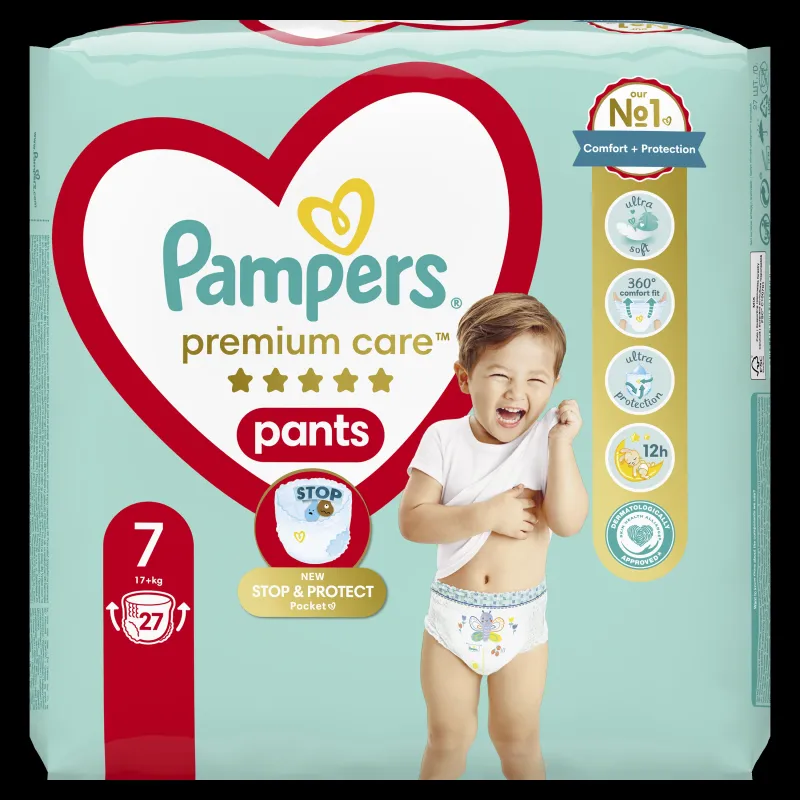 Pampers Premium Care Pants Sauskelnės, 7 Dydis, 27 Sauskeln, 15+ kg