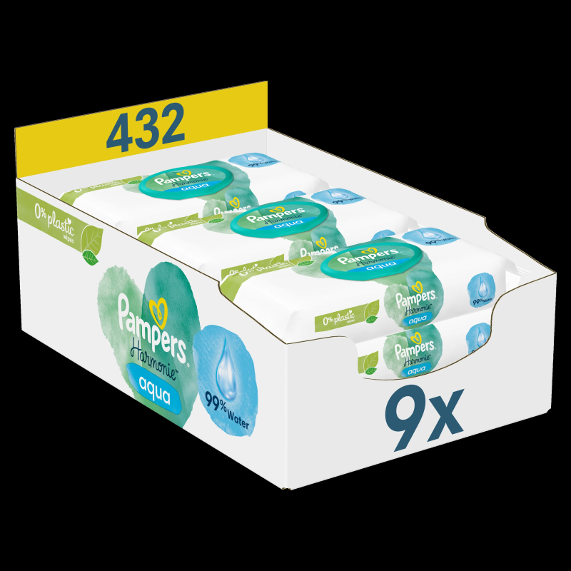 Pampers Harmonie Aqua Mitrās Salvetes Mazuļiem, 9 Lepakojumi, 432 Mitrās Salvetes