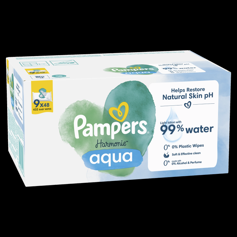 Pampers Harmonie Aqua Mitrās Salvetes Mazuļiem, 9 Lepakojumi, 432 Mitrās Salvetes