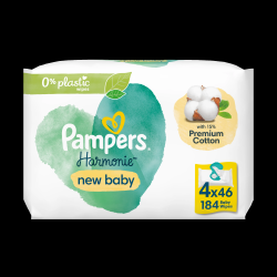 Pampers Harmonie New Baby Mitrās Salvetes Mazuļiem, 4 Lepakojumā, 184 Mitrās Salvetes