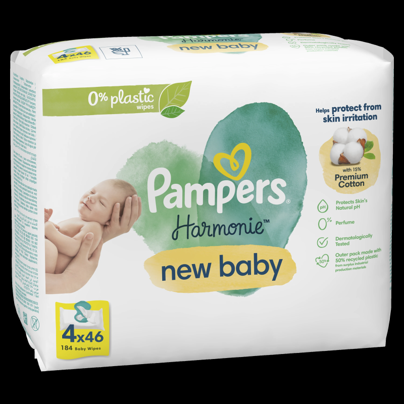 Pampers Harmonie New Baby Mitrās Salvetes Mazuļiem, 4 Lepakojumā, 184 Mitrās Salvetes