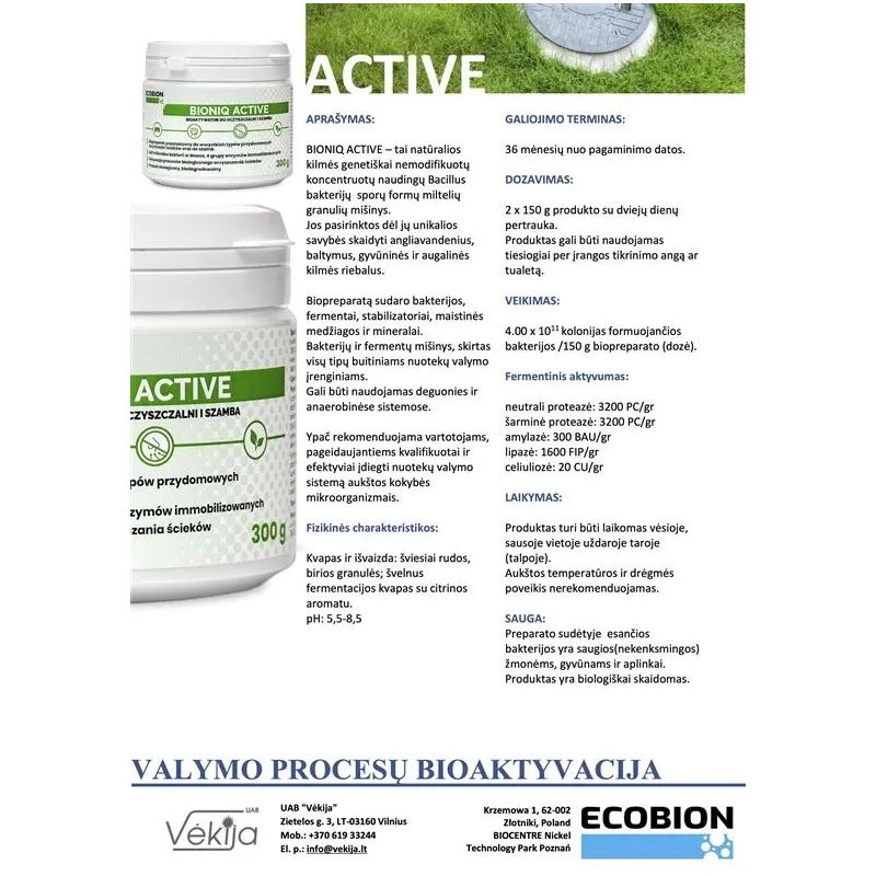 Biopreparāts tīrīšanas ierīcēm, granulas Ecobion BioniQ Active, 0.3 kg