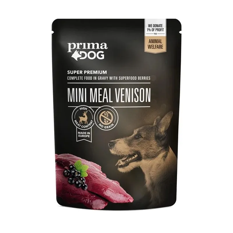 Mitrā barība ,konservi, suņiem Prima Dog Mini Meal Venison, brieža gaļa, 0.085 kg