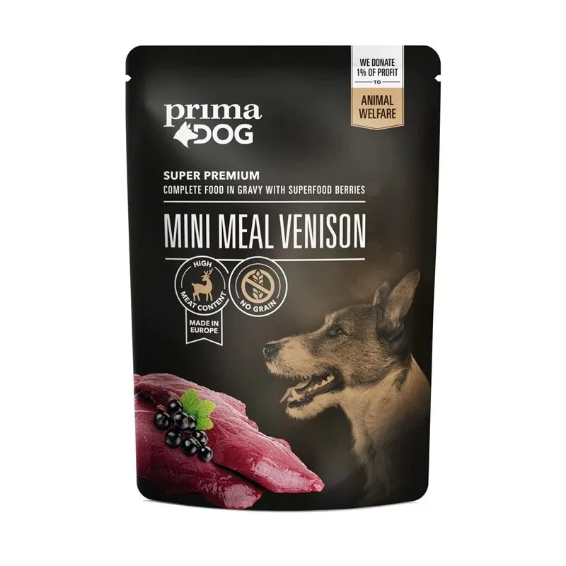 Mitrā barība ,konservi, suņiem Prima Dog Mini Meal Venison, brieža gaļa, 0.085 kg