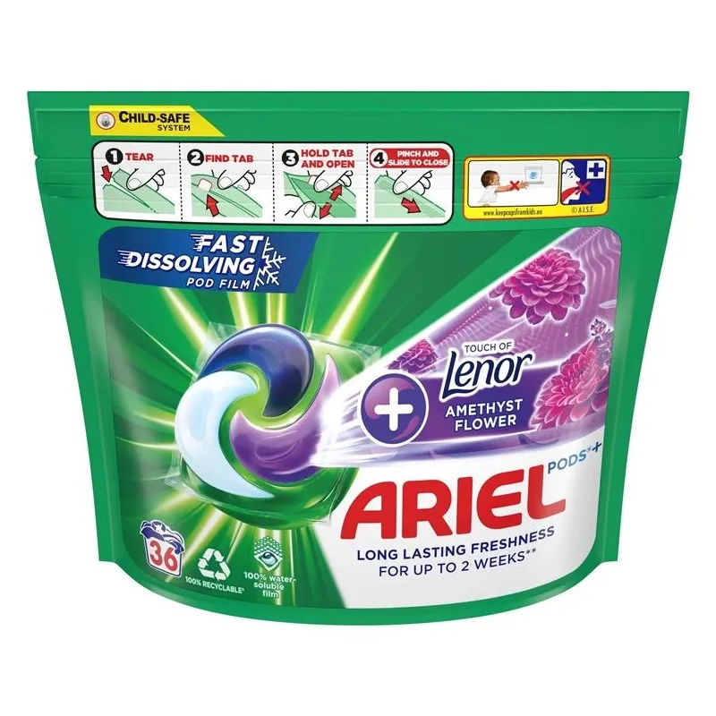 Kapsulas mazgāšanai Ariel Amethyst flower, 36 gab.