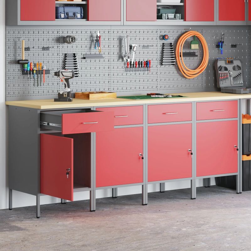 vidaXL Darba skapis 4 pcs Sarkans un pelēks 200 x 55 x 85 cm